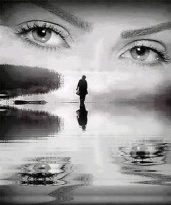 yeux, regard, reflet dans l eau, noir et blanc