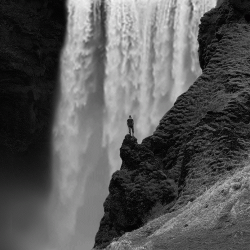 cascade, chutes deau, silhouette homme, nature, noir et blanc