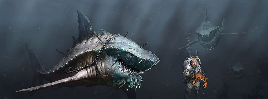 couverture facebook, facebook cover, requin cyborg, plongee, shark attack