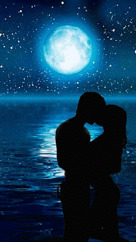 romantique, couple, lac, pleine lune