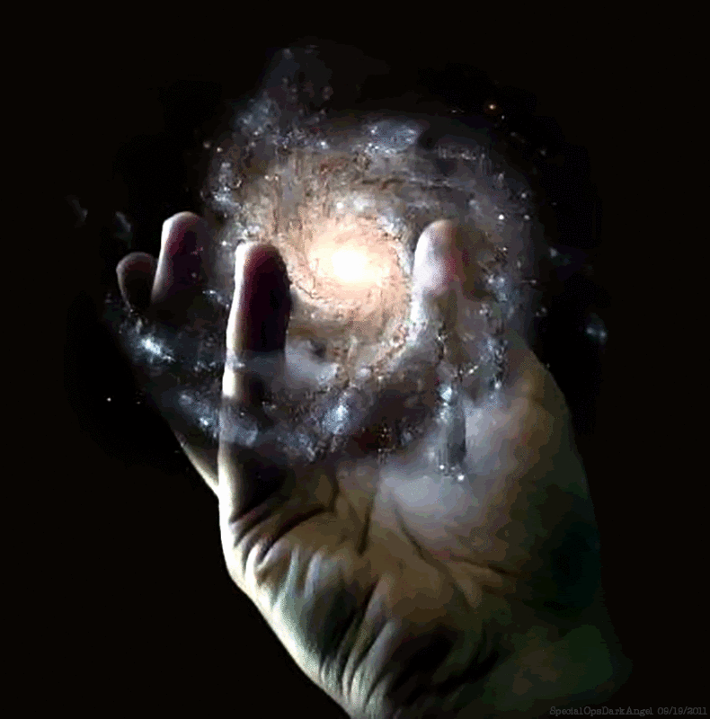 galaxie, univers, main, etoiles