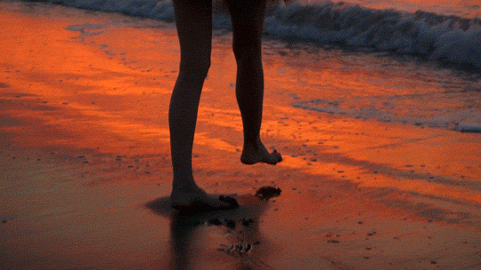 pes, femme qui marche sur la plage, coucher de soleil, mer