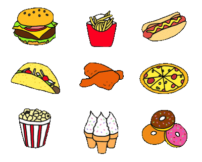 burger, glace, hot dog, pop corn, pizza, frites, junk food, french fries