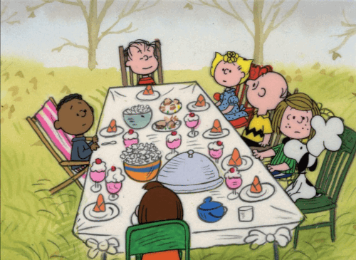 snoopy, repas entre amis, charlie brown, thanksgiving