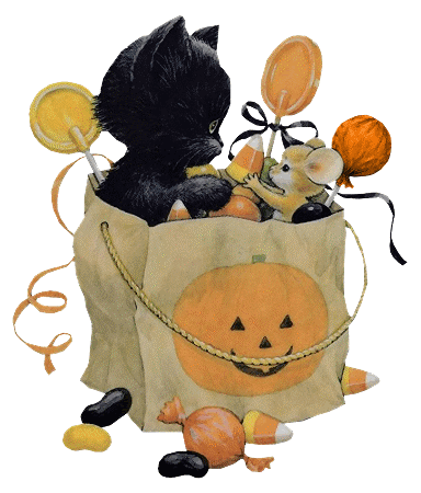 halloween, automne, chat noir, chaton, souris