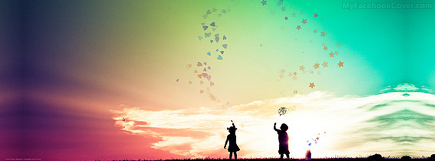 enfants, ciel multicolore, bulles de savons, couverture facebook, facebook cover