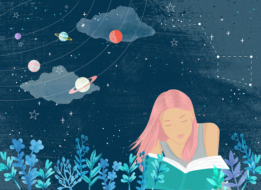 planetes, systeme solaire, femme, lire un livre